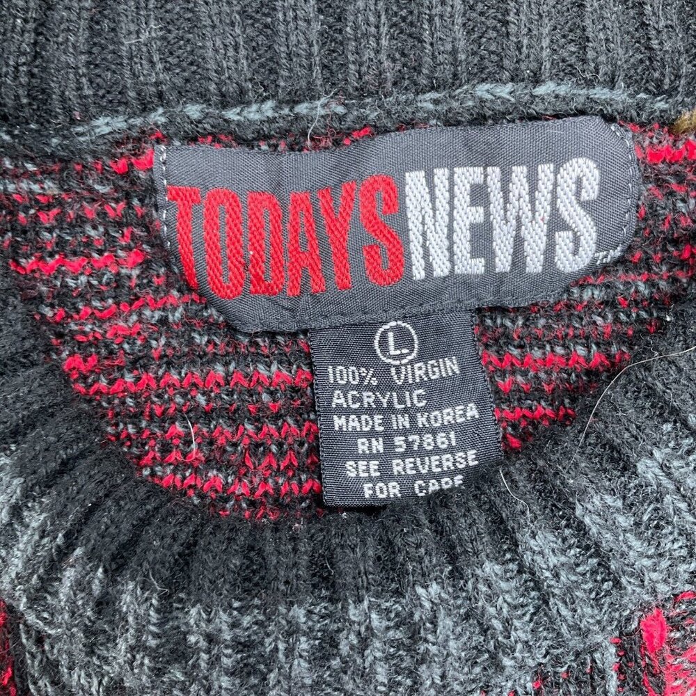 Todays News Sweater Men Large 42 Red Gray Black‎ Diamond Acrylic 80s 90s VTG - Picture 3 of 11